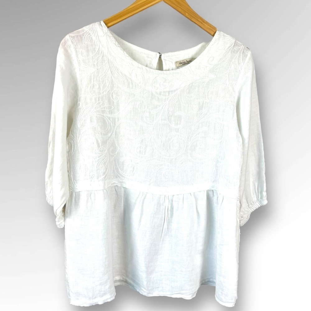 Alessia Pacini Women’s Top Pure Linen Tunic Blouse Shirt White Embroidered